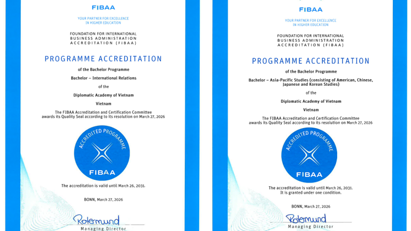 Ngành Quan hệ quốc tế và ngành Châu Á - Thái Bình Dương học thuộc Khoa Chính trị quốc tế và Ngoại giao đạt chuẩn kiểm định quốc tế FIBAA