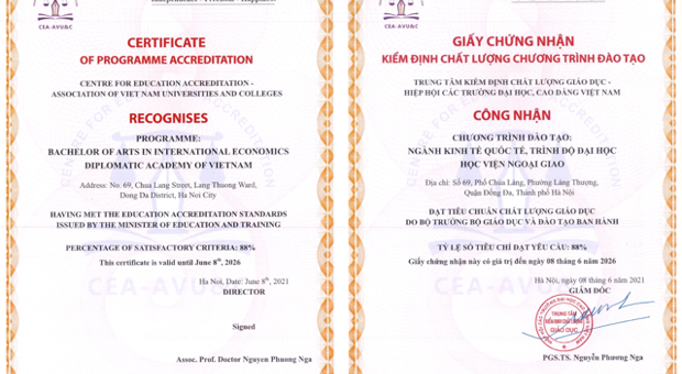 Diplomatic Academy of Vietnam (DAV) Receives Accreditation Certificates for 5 Training Programs 