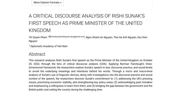 Giới thiệu bài đăng báo chí số ISSN của sinh viên Ngôn ngữ Anh: "A critical discourse analysis of Rishi Sunak's first speech as Prime Minister of the United Kingdom"