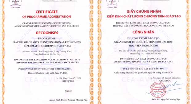 The Diplomatic Academy of Vietnam has been awarded Certificates of Programme Accreditation for 5 majors