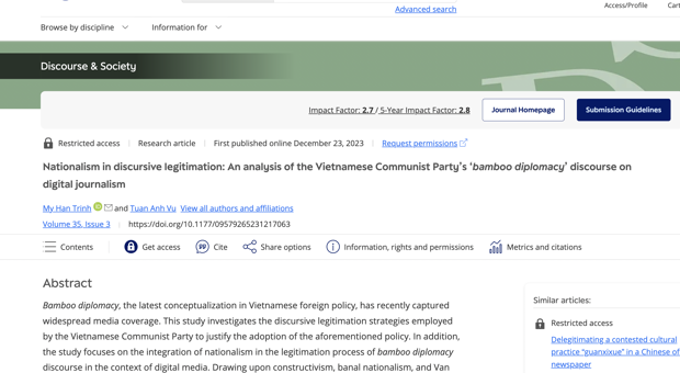 Nationalism in discursive legitimation: An analysis of the Vietnamese Communist Party’s ‘bamboo diplomacy’ discourse on digital journalism